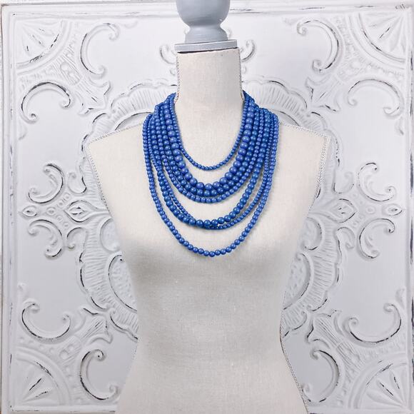 VTG 7 Strand Necklace Bold Retro Boho Blue Acrylic Beads Chunky Statement - Picture 8 of 9